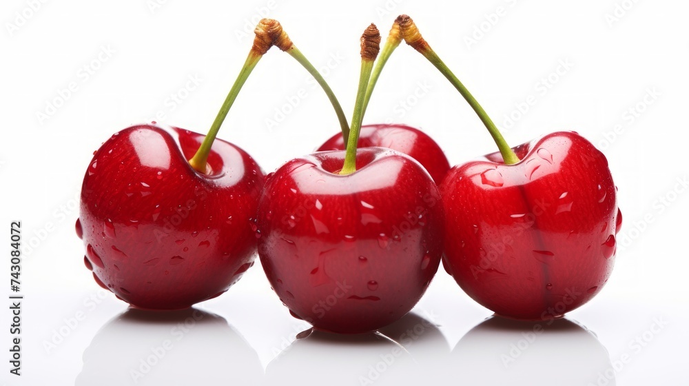 Poster three sweet, ripe red cherries captured in a close-up realistic photo on a white background generati