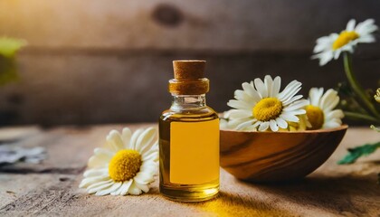 Small bottle with blank label of yellow serum or oil with daisy flower elements in bowl and wooden board in background