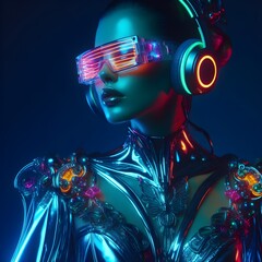 Zany futuristic lady wearing glowing headphones and avant Garde reflective sunglasses dancing crazily
