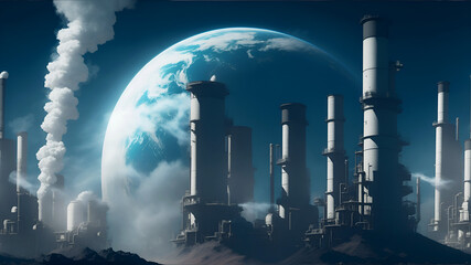 Pipes of factories with smoke on the background of the planet Earth. Planet smog concept