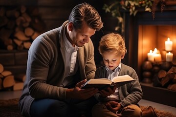 Father and son enjoy reading the Bible - obrazy, fototapety, plakaty