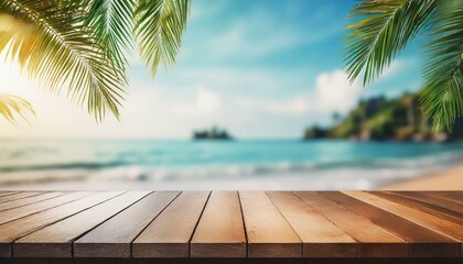 Top of wood table with seascape and palm leaves, blur bokeh light of calm sea and sky at tropical beach background - obrazy, fototapety, plakaty
