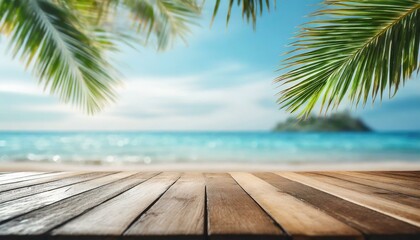 Top of wood table with seascape and palm leaves, blur bokeh light of calm sea and sky at tropical beach background - obrazy, fototapety, plakaty