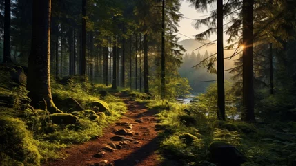 Zelfklevend Fotobehang Bosweg Generative AI Tranquil Forest Jog