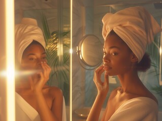 Young African Woman Inspecting Her Complexion in a Bathroom Mirror - obrazy, fototapety, plakaty