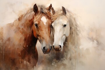 A demonstration of tenderness among beautiful horses. The two horses bowed their heads to each other. Agriculture and horse care