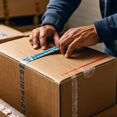 Efficient E-commerce Logistics: Man Carefully Taping a Cardboard Box, Preparing it for Shipment in the Warehouse. Ensuring Secure Packaging for Safe Delivery