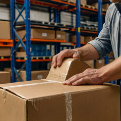 Efficient E-commerce Logistics: Man Carefully Taping a Cardboard Box, Preparing it for Shipment in the Warehouse. Ensuring Secure Packaging for Safe Delivery