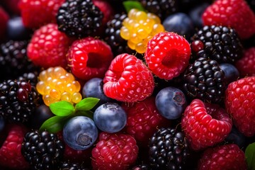 Delicious mixed berry medley background with assorted fresh blackberries and raspberries