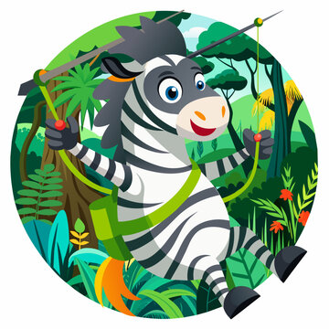 Illustration of zebra zip lining in the jungle with white background