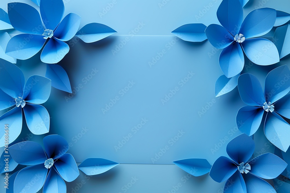 Poster explore an artistic representation of a background adorned with intricate blue paper flowers, design