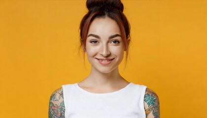 Young Smiling pretty girl beauty female gen z model beautiful face healthy skin and tattoo - obrazy, fototapety, plakaty