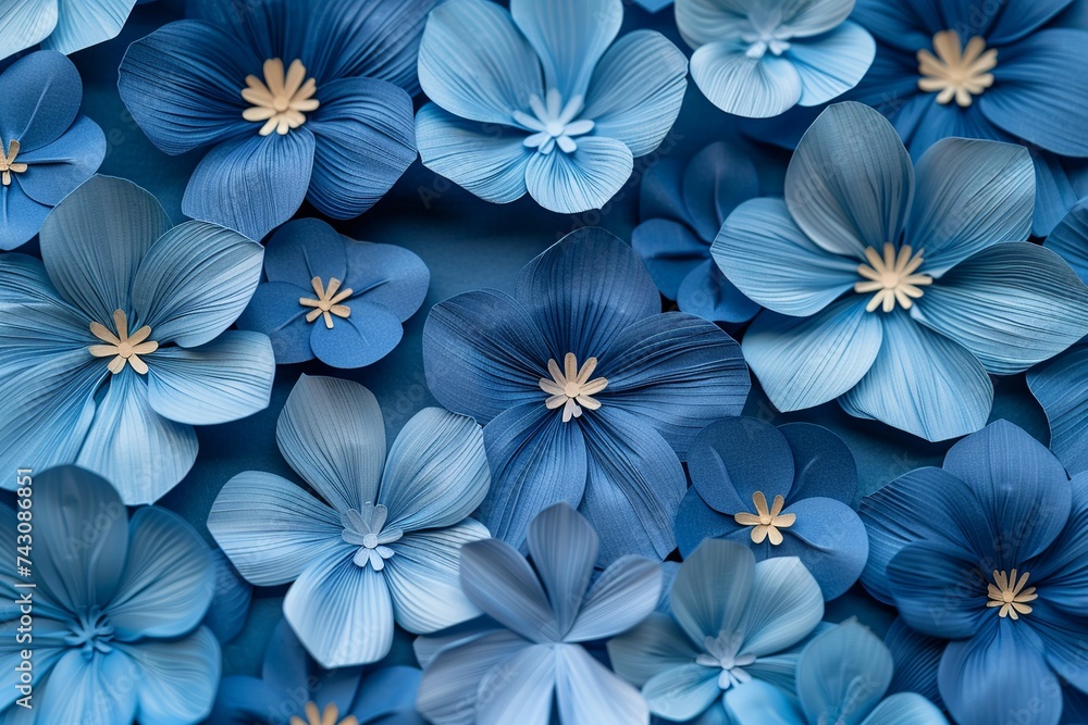 Poster explore an artistic representation of a background adorned with intricate blue paper flowers, design