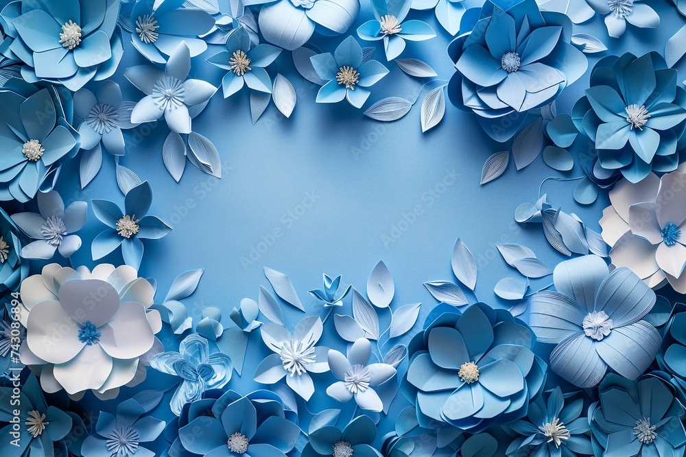 Poster explore an artistic representation of a background adorned with intricate blue paper flowers, design