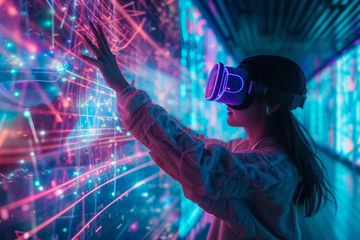 Photo sur Plexiglas Tailler Young Woman Touching Wireframe Digital Landscape Through a Colorful Portal - A Conceptual Representation of Metaverse