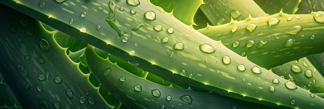 A close up of a green aloe vera plant with water drops on the leaves, displaying beautiful macro photography of this terrestrial houseplant, cosmetic concept, banner