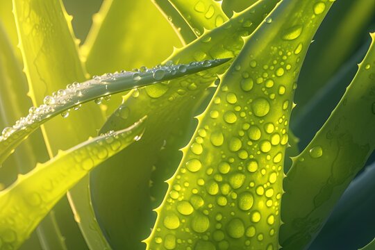 A close up of a green aloe vera plant with water drops on the leaves, displaying beautiful macro photography of this terrestrial houseplant, cosmetic concept