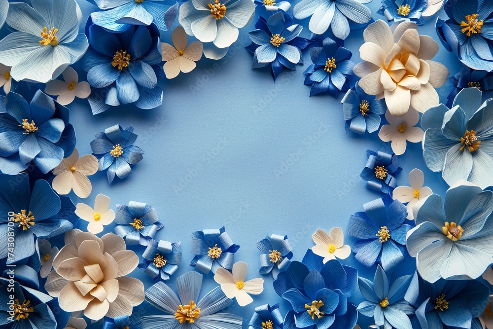 Poster explore an artistic representation of a background adorned with intricate blue paper flowers, design