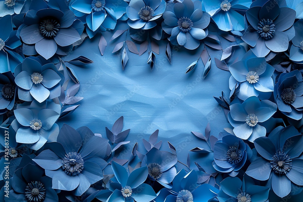 Poster explore an artistic representation of a background adorned with intricate blue paper flowers, design