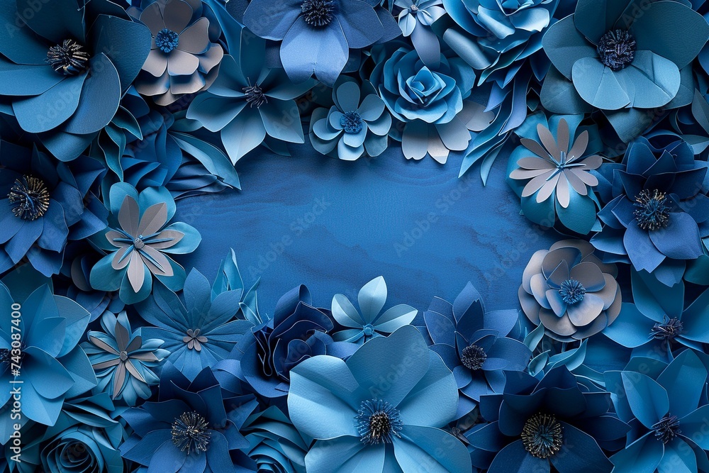 Poster explore an artistic representation of a background adorned with intricate blue paper flowers, design