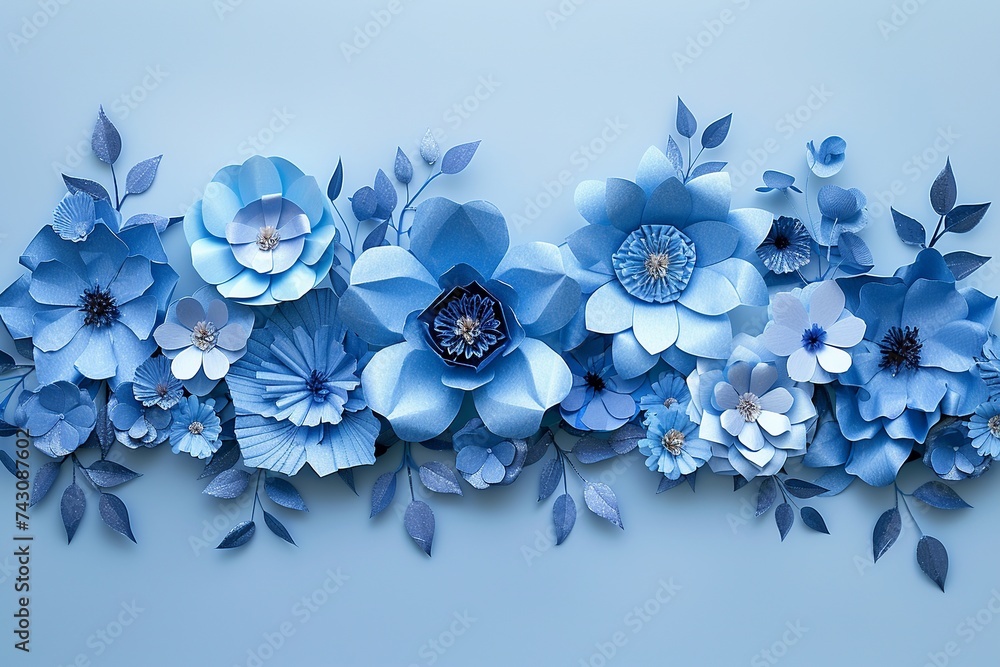 Poster explore an artistic representation of a background adorned with intricate blue paper flowers, design