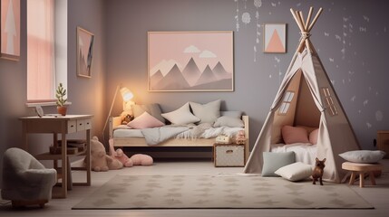 Cozy and natural interior of a children's bedroom - obrazy, fototapety, plakaty