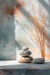 A Zen-like composition of stacked pebbles with dried grass against a textured background with soft lighting, evoking tranquility