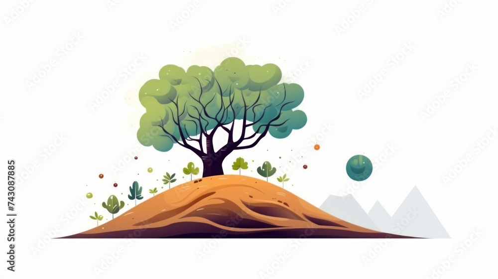 Poster generative ai decorative elements, tree without leaves with a piece of earth white background