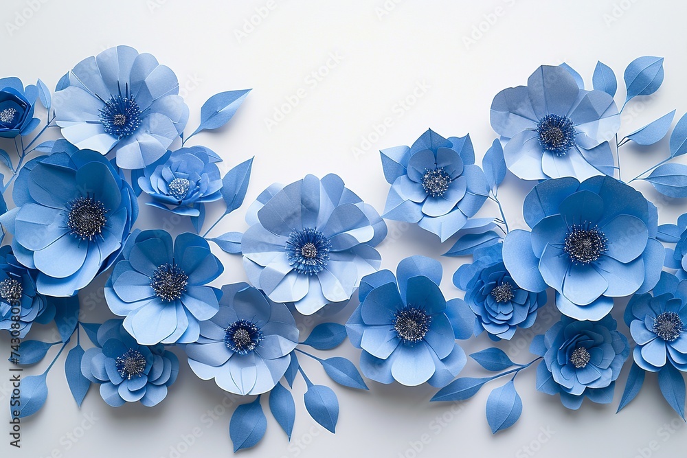 Poster explore an artistic representation of a background adorned with intricate blue paper flowers, design