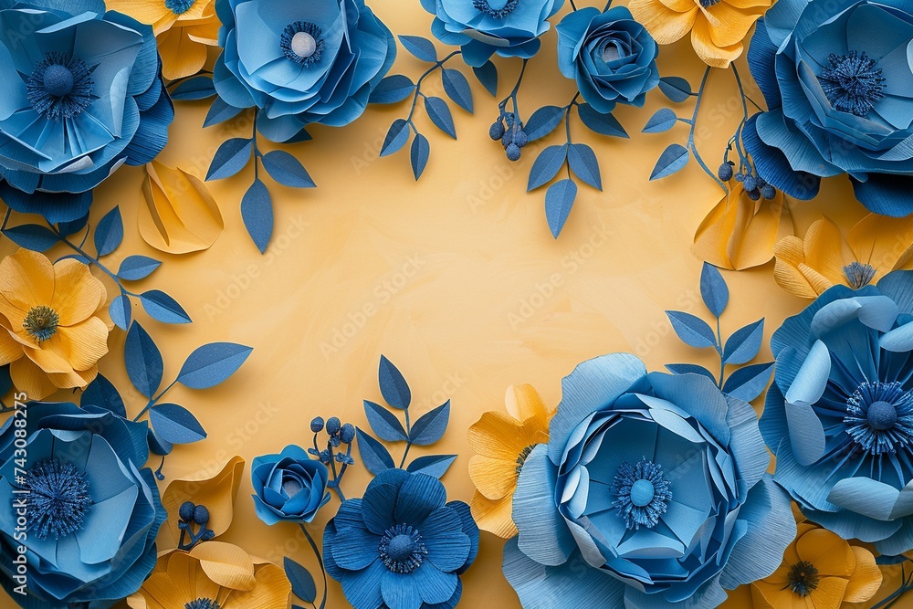Poster explore an artistic representation of a background adorned with intricate blue paper flowers, design