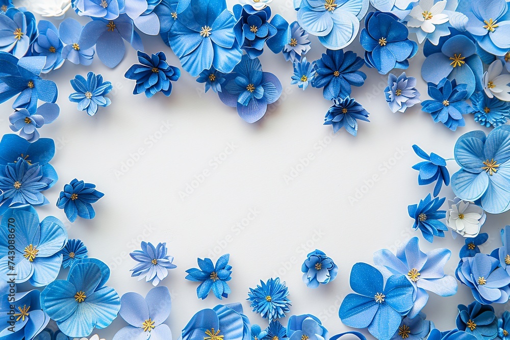 Poster explore an artistic representation of a background adorned with intricate blue paper flowers, design