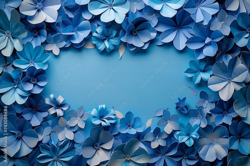 Poster explore an artistic representation of a background adorned with intricate blue paper flowers, design