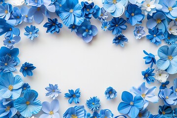 Fototapeta na wymiar Explore an artistic representation of a background adorned with intricate blue paper flowers, designed with a designated empty space for text or personalized messages