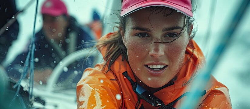 A woman wearing an orange jacket and a pink hat participating in the Womens Sailing Regatta showcasing her skill and victory. She is engaged in the regatta, displaying determination and focus.