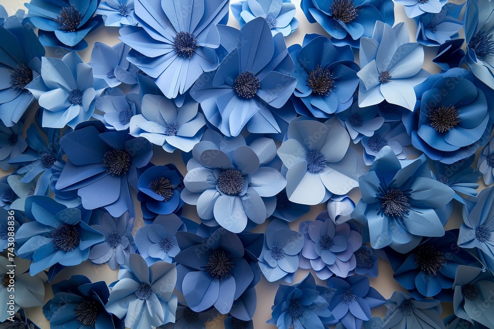 Poster explore an artistic representation of a background adorned with intricate blue paper flowers, design