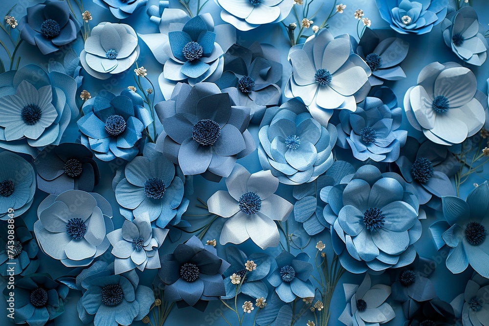 Poster explore an artistic representation of a background adorned with intricate blue paper flowers, design