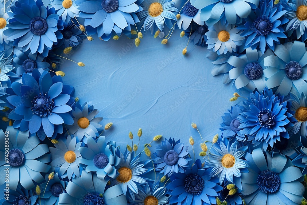 Poster explore an artistic representation of a background adorned with intricate blue paper flowers, design