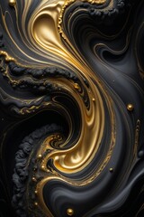 The image features a black and gold marbled background with an abstract design. The swirling gold patterns give a sense of luxury and elegance. - obrazy, fototapety, plakaty