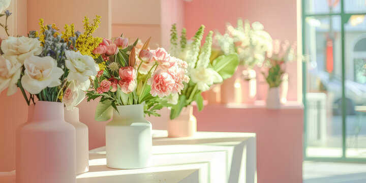 Vibrant Flower Shop Display. Brightly lit florist shop with a variety of fresh flowers. Wallpaper background in cute pastel pink colors.