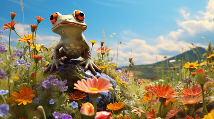 A whimsical frog hopping through a colorful meadow - obrazy, fototapety, plakaty