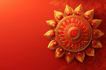 Golden floral mandala on a vivid red backdrop with intricate details