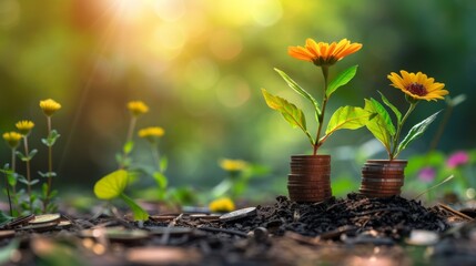 Three stacks of coins with flowers sprouting from each stack, showcasing a unique and natural integration of money and nature