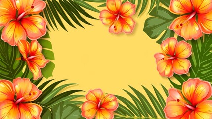 Bright yellow background adorned with vibrant orange flowers and lush green leaves