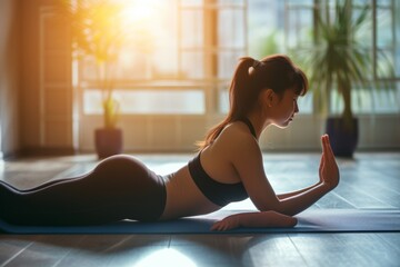 Tranquil Asian Woman Practicing Yoga in a Sunlit Room - obrazy, fototapety, plakaty
