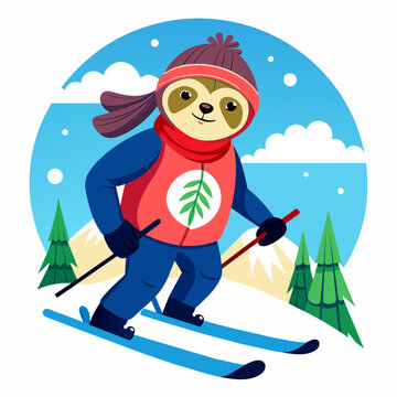 Illustration of sloth skiing on the winter with white background