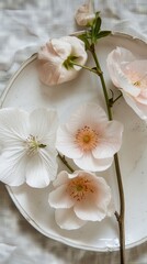 A white plate rests on a table, adorned with delicate pink flowers