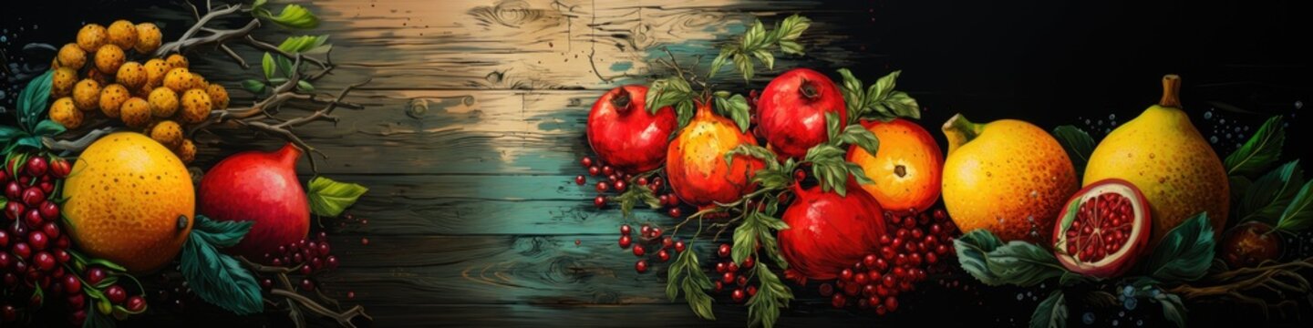 This image presents a rich and colorful display of various fruits including clusters of grapes, pomegranates, apples, a split passion fruit, and berries, arranged on a rustic wooden table against a da