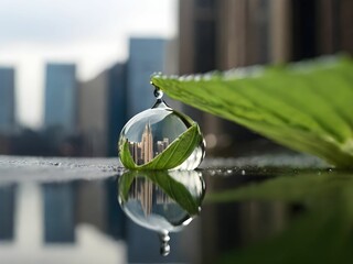  Balance between human progress and the nature. A city skyline reflected in a dewdrop clinging to a leaf