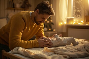 Attentive Father Changing Baby's Diaper and Clothes at Home - obrazy, fototapety, plakaty