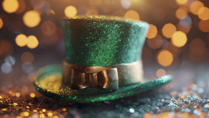 Saint Patrick’s day background. Green glitter Leprechaun hat, gold bokeh and silver confetti. Festive happy holidays St. Paddy's greeting card, invitation, or banner backdrop. Luck of the Irish 8k .